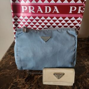 Prada Bundle Light Blue Nylon Cosmetic Pouch & Prada Cream Card/Key Holder GUC